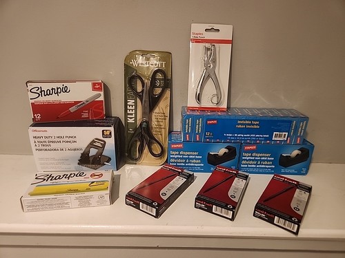 Staples Office Supply Bundle Tape Dispenser 2 HOLE Punch Scissors Pens Sharpies