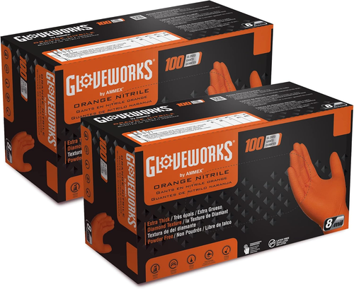 Heavy-Duty Nitrile Gloves, Disposable, Latex Free, 8 Mil, Orange, Diamond Grip G - Picture 9 of 12