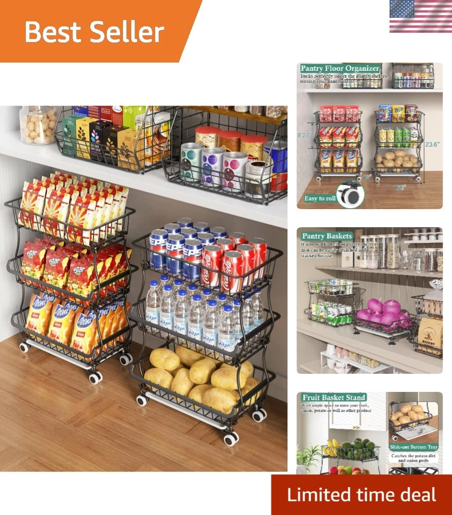 Pantry Storage Cart Fruit Basket Stand 3 Tier Stackable Wire Basket Organizer
Opens in a new window