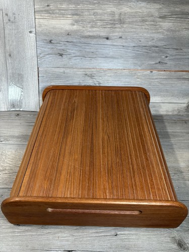 VTG MCM EPPCO Teak Wood Tambour Roll Top Wood Storage Box Desktop 3 Compartments - Picture 3 of 7