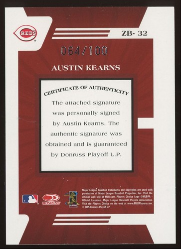 Austin Kearns #ZB-32 2005 Donruss Zenith Z-Graphs Cincinnati Reds Auto /100 - Picture 2 of 3