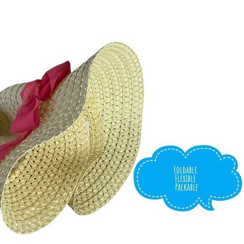 Straw Sun Beach Hat with Wide Brim Boho Chic Pink Coral Ribbon Bow Women OS - Picture 3 of 14