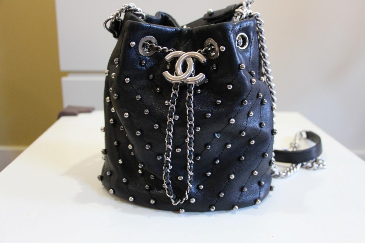 AUTHENTIC CHANEL Small Stud Wars Bucket Black Leather Bag eBay