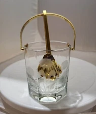 Vtg Sugar Cube Bucket Glass Etched Flowers Gold Color Handle & Tongs- READ