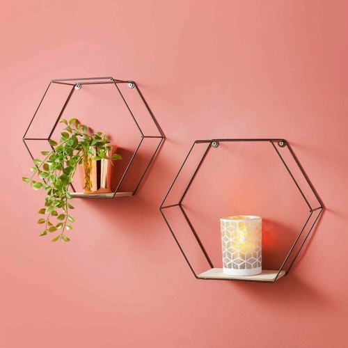 Metal Wire Floating Hexagon Wall Shelf Multi Section Tromso Home Decor Set of 2  - Picture 1 of 5