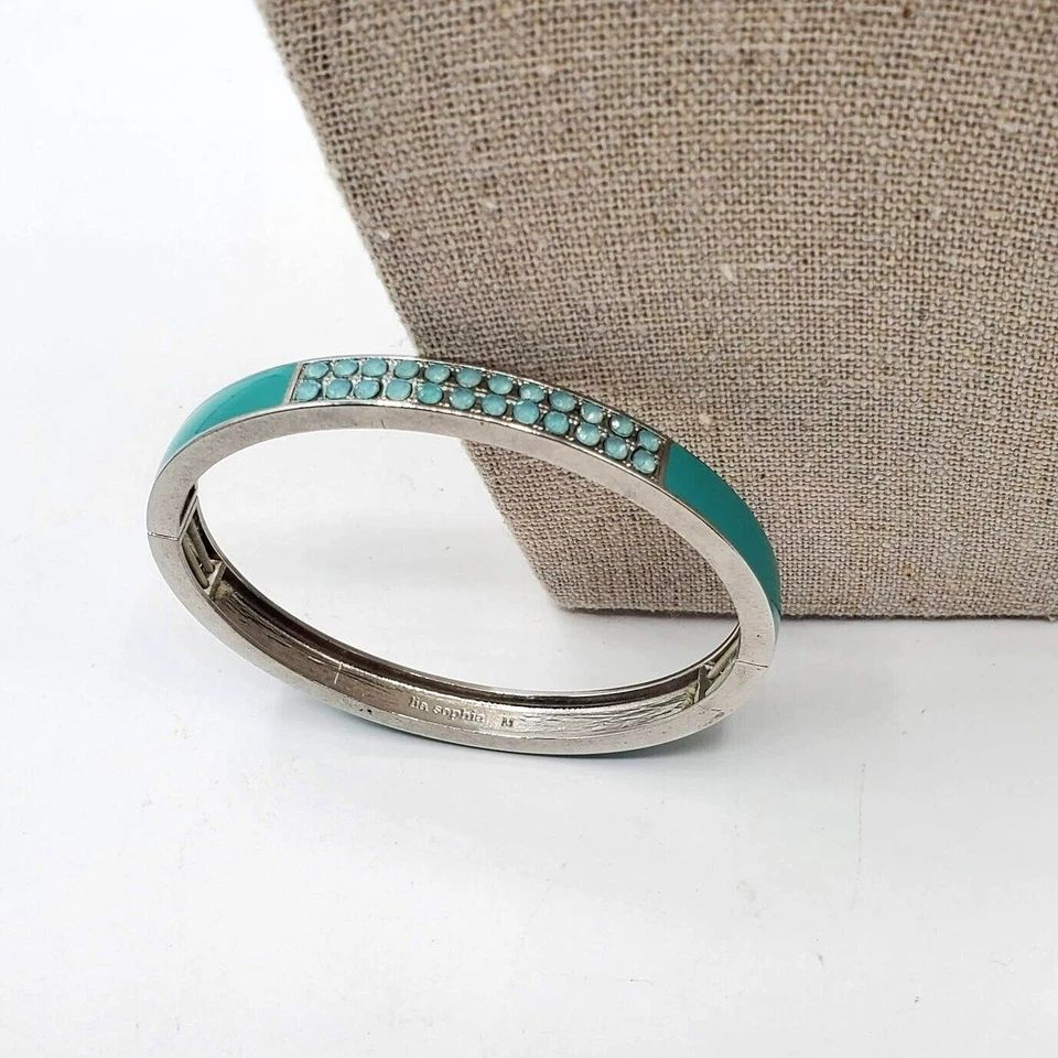Brazalete Brazalete Lia Sophia Firmado Azul Esmalte Tono Plata Piedras Banda Elástica OS Foto 4 de 4