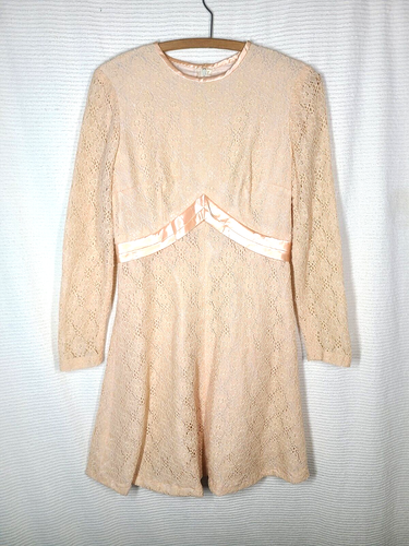 Vtg 70s Lace Mini Dress Party M Satin Empire Waist Mod Sheer Long Sleeves Retro - Picture 2 of 13