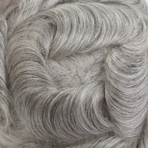Mens Toupee Human Hair Replacement System Full French Lace Grey Hairpiece #1B80 - Picture 7 of 9