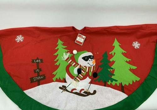 Christmas Tree Skirt Felt 48" Holiday Time Snowman Skiing Cozy Barn Red Green - Picture 2 of 9