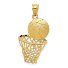 Real 14kt Yellow Gold Satin Diamond-Cut Basketball and Net Pendant