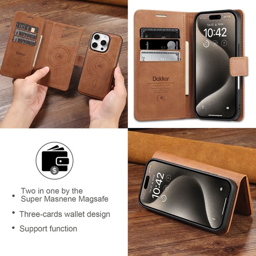 For iPhone 16e 16 Pro Max 15 14 13 12 Magnetic Detachable PU Leather Wallet Case - Picture 7 of 14