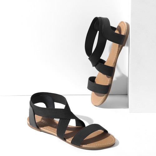 Women Flat Sandals Elastic Ankle Strap Gladiator Beach Walking Flat Sandals - Picture 14 of 26