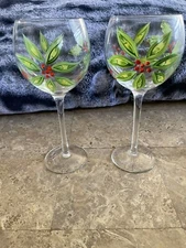 Set of 2 Block Basics Poinsettia Hand-Painted Multipurpose Goblets Excellent