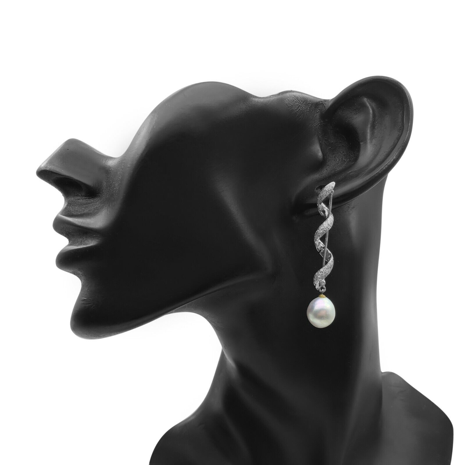 Natural 13.6 TCW Round Diamond Pearl Drop Dangle Earrings 18K White