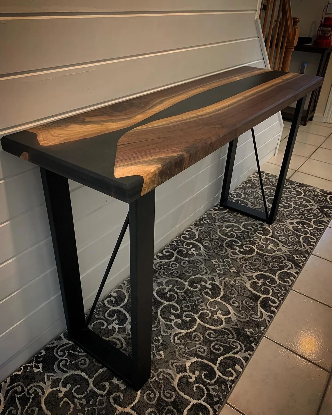 Epoxy resin and solid wood console tabletop for stylish modern decor