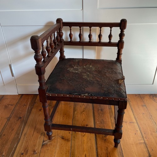 Silla esquinera de madera antigua sillón asiento vintage acento cuero madera Rush - Imagen 4 de 13