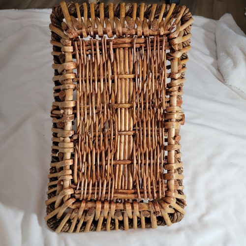 Rustic Wicker Basket Brown Large Rectangular 18”x11"x7" Thick Wood Handle - Picture 11 of 16