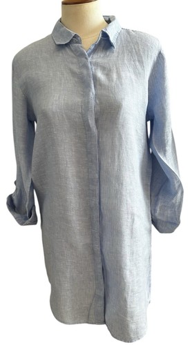 Tahari Essentials Solid Linen Tunic Shirt In Blue Small Rolled 3/4 Sleeves NEW - 第 4/4 張圖片