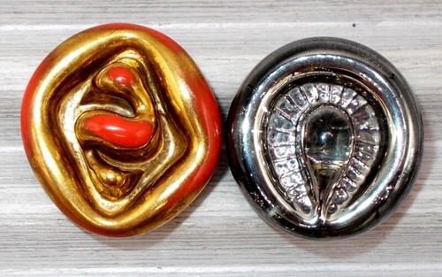 Vintage Bimini Like Glass Buttons Red Clear Gold & Silver Luster England 2pc - Picture 3 of 12