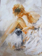 Woman and Fluffy Cat – 16x12 Original Hand-Painted Artwork for Home Decor