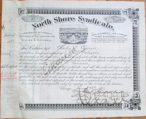 James S Harlan Autograph 1891 North Shore Syndicate Chicago Stock Certificate - Picture 1 of 2
