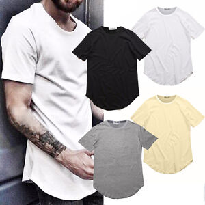 Fashion-Men-039-s-T-Shirt-Long-Extended-Casual-T-Shirt-New-Basic-Crew-Neck-Hip-Hop