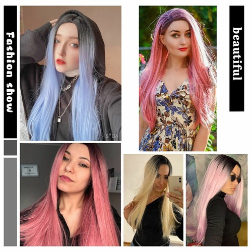 Wig Long Straight Black Blue Synthetic Wigs for Women Natural Middle - Picture 5 of 34