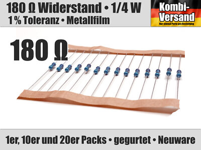 1/10/20 x 180 Ohm Ω Widerstand, 1/4 Watt Metallfilm, 1 % Toleranz, Bauform 0207