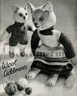 Strickanleitung Vintage 40er Jahre Spielzeug Katze & Kätzchen Verwendung Wolle Oddments.