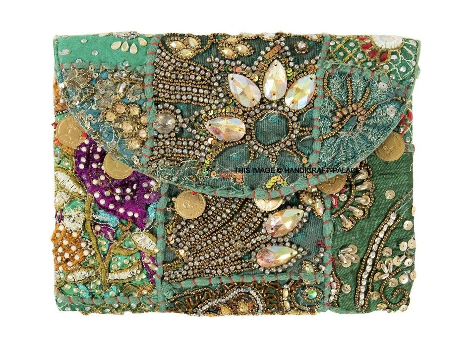 Vintage Patchwork Embroidered Clutch Bag Women's Cocktail Party Sequins Purse - Image 3 of 3
