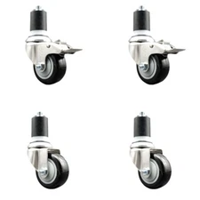 3 Inch 316SS Black Poly Swivel 1-7/8 Inch Expanding Stem Caster Set 2 Lock Brake