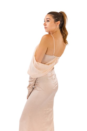 Fabonics Elegance Maxi Dress: Beige Cold Shoulder with Spaghetti Straps - Picture 7 of 9