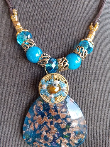 Art Glass & Bead Choker Statement Necklace Leather Cord Blue & Gold Tones 18" - Picture 3 of 9