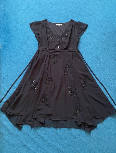 JOHN ROCHA Black Chiffon Fit & Flare Ladies Belted Midi Dress Uneven Hem Size 12 - Picture 11 of 24