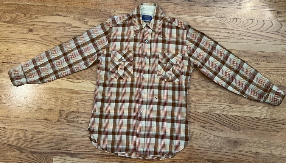 VTG 70s Pendleton Plaid Brown Striped Flannel Shirt Wool Medium USA Worn w Holes - Image 2 of 4