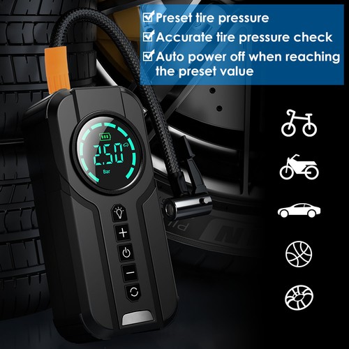 Air Compressor 150 PSI Tire Inflator Air Pump Cordless Fits Car Moto Bike Tires - Picture 2 of 13