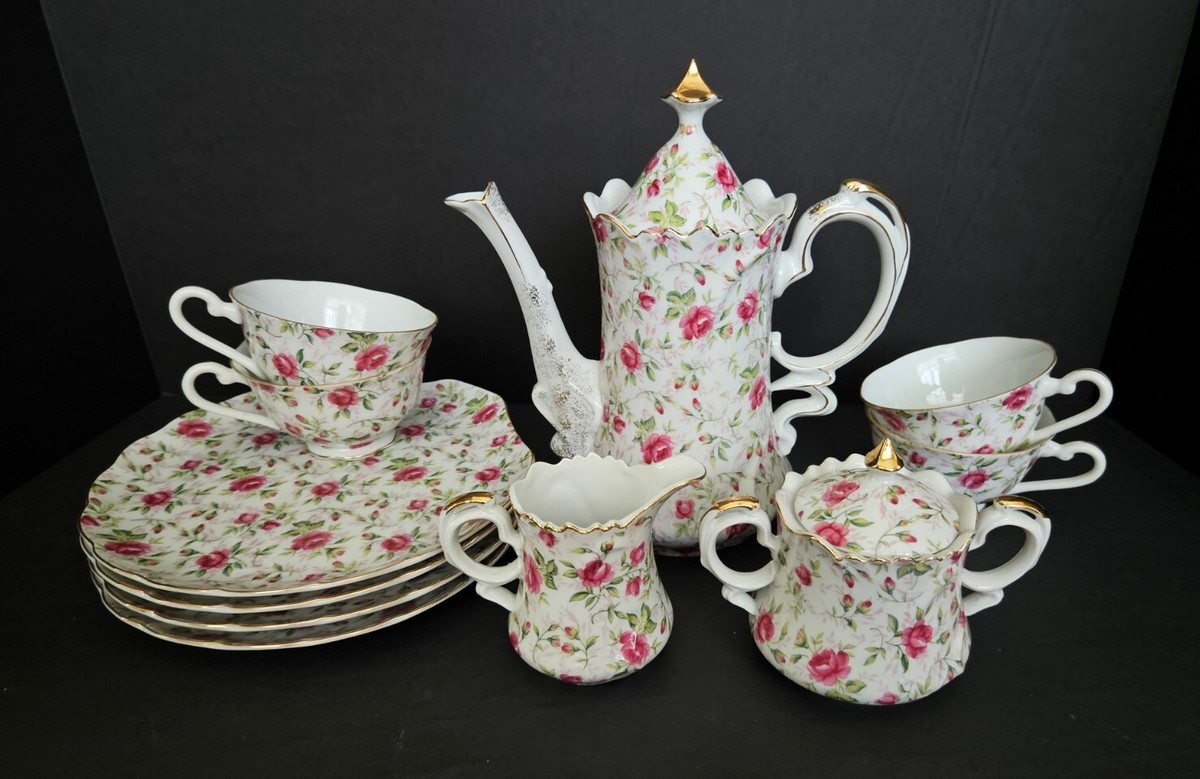 13pc Lefton China Rose Chintz Coffee Set Coffee Pot/4 Snack Sets