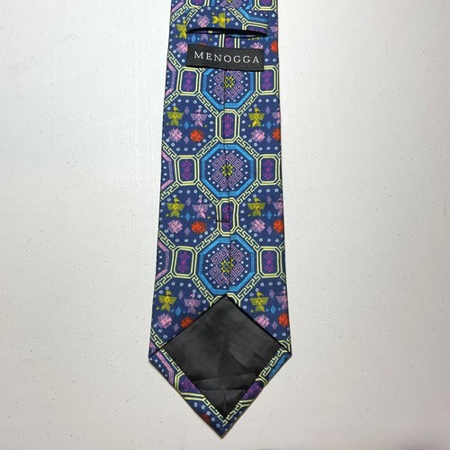 Menogga Mens Silk Necktie Chinese Ethnic Culture Pattern Blue Multicolor - Picture 6 of 10