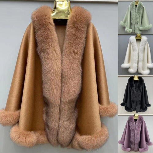 Real Women 100% Fox Fur Trim Shawl Cashmere Ponchos Cape Cardigan Coat Warm Tops - Picture 1 of 27