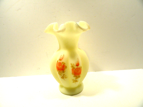 Fenton Hand Painted Lime Green Satin Melon Vase - Picture 3 of 5
