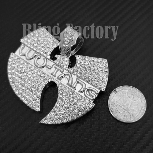 Large WU TANG Cubic Zirconia Charm Stainless Steel Cuban Chain Hip Hop Necklace - Picture 7 of 18