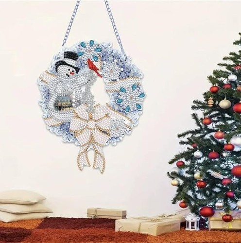 5D DIY Diamond Art Kit Snowman Wreath Rhinestone Acrylic Hanging Ornament - Picture 2 of 8