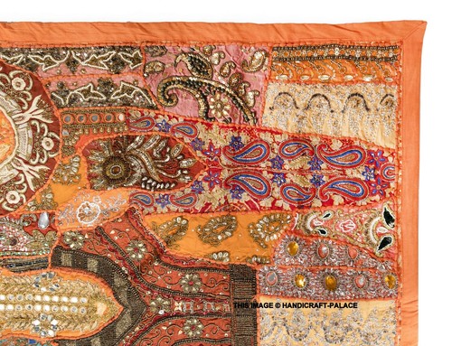INDIAN EMBROIDERED VINTAGE BEADS ZARI WORK WALL HANGING HAND TAPESTRY DECOR ART - Picture 25 of 26