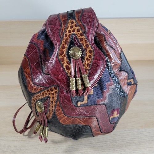 Vtg Sharif Crossbody Bucket Coin Purse Womens Leather Tapestry Patchwork Tassel