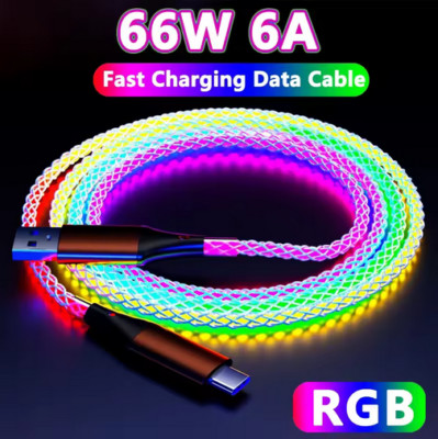 3 Feet USB Type A to Type C RGB Light Up Data Cable 66W Charging Cable New