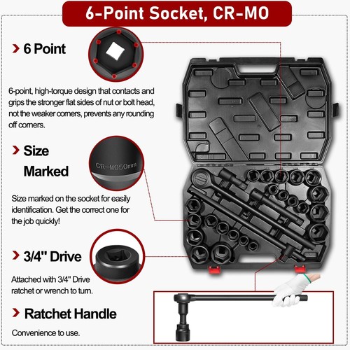 27Pcs 3/4-Inch Drive SAE & Metric Impact Socket Set for Trailers Trucks Tractors - Picture 3 of 10