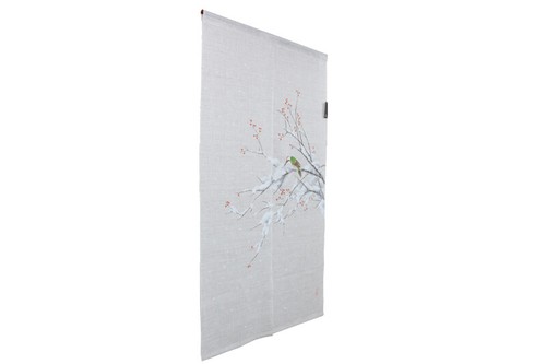 Kyoto Japanese Door Curtain Tapestry Handpaint Linen Hackberry and woodpecker - Picture 4 of 5