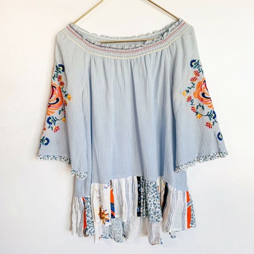 John Mark Boho Embroidered Peasant Top S Blue Off Shoulder Patchwork Ruffle Hem
