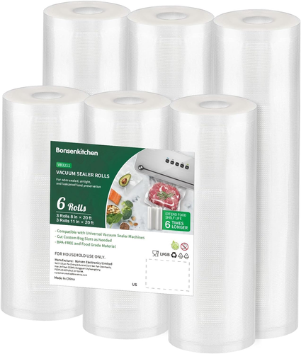 Sacchetti Rotoli Sigillanti Sottovuoto, 6 Confezioni 3 Rotoli 11" X 20' + 3 Rotoli 8" X 20' Commerciali - Foto 11 di 12