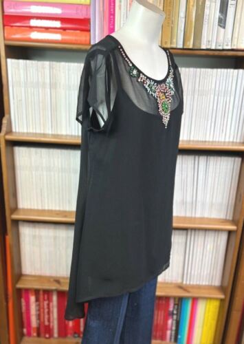 Blusa de vestir túnica Joanna Hope para damas 16 alta baja negra transparente en capas con cuentas - Imagen 4 de 11